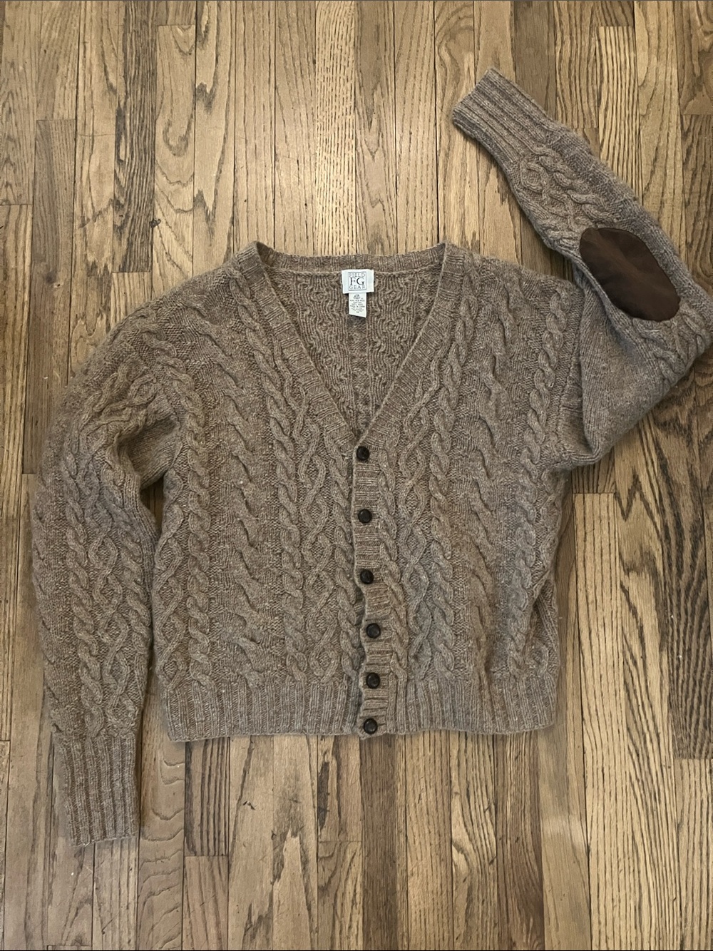 Men's Cable Knit V‑Neck Cardigan in Taupe with Elbow Patches